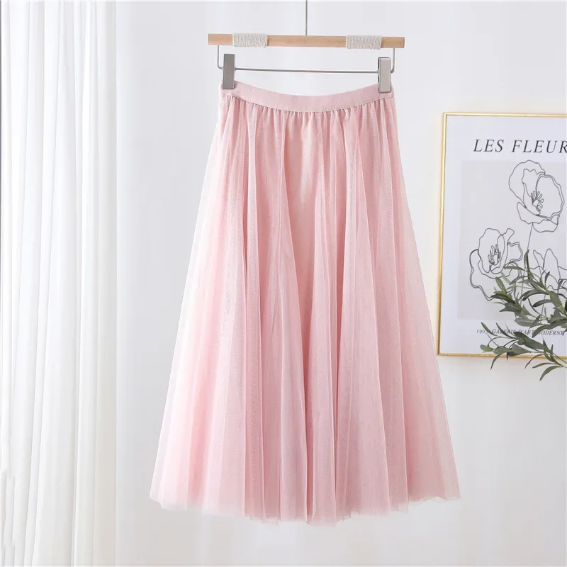 Hot Women Mesh Elastic Tutu Skirt Beach Spring Summer Korean High Waist Fashion Pleated Long Skirt Black White Tulle Skirts