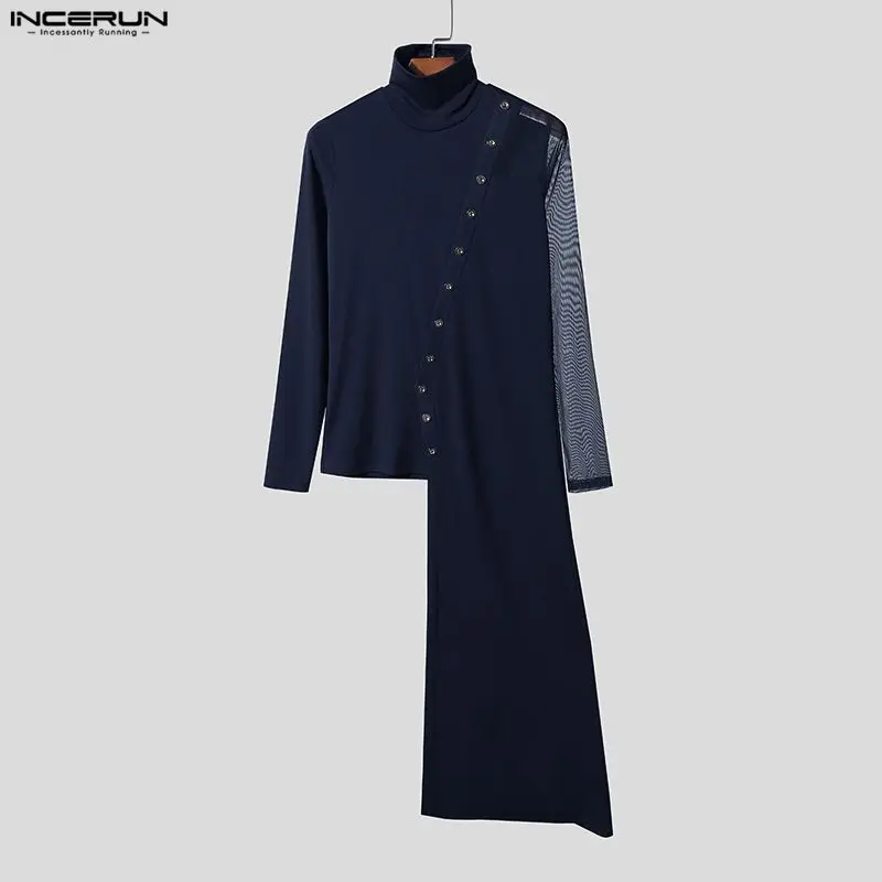 

INCERUN Men Irregular T Shirt Mesh Patchwork Turtleneck Long Sleeve Male Tee Tops See Through Streetwear 2026 Fashion Camisetas