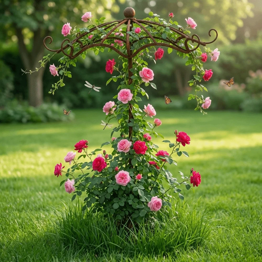 Retro Rusted Umbrella Shape Plant Support Pile Prevent Tipping Over Detachable Climbing Vine Stake Iron Weather-Resistant