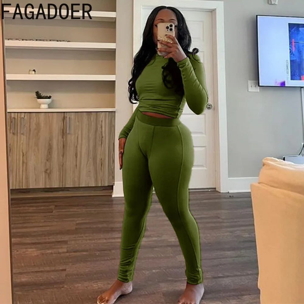 FAGADOER Autumn Winter New Ribbing 2 Piece Sets Women Outfit Solid Long Sleeve Crop Top + High Waist Leggings Suits Sportswear