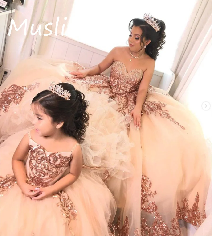 

Customized Rose Gold Sequin Kid Birthday Dress Spaghetti Strap A Line Floor Length Applique Formal Pageant Party Gown Communion