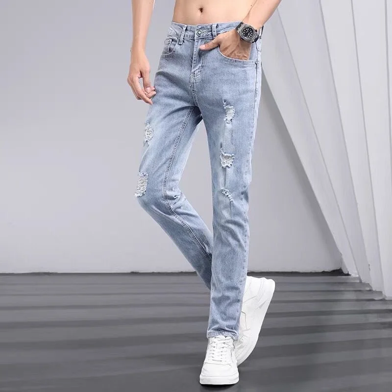 

Trendy Men's Slim Straight Jeans Light Blue High Elasticity Spring Autumn Wear Casual Long Pants Wear Resistant