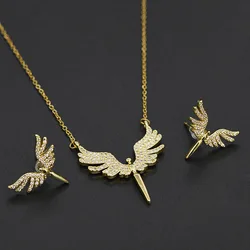 Niche Light Luxury Fashion Versatile Micro-embedded Angel Wings Necklace and Earrings Set Classic Retro Stainless Steel Jewelry