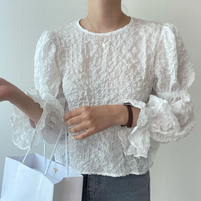 

REALEFT Spring Summer Lantern Sleeve Women's Blouses 2025 New Long Sleeve O-neck Puff Casual White Shirts for Women
