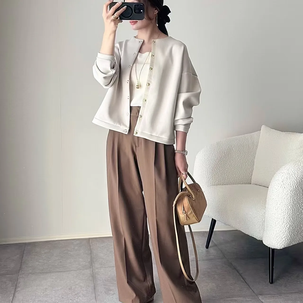 Felpa con cardigan aperto rotondo Ne da donna allentata Or Capispalla Primavera Autunno Nuovo Sle Versatile Top adatto ai pendolari