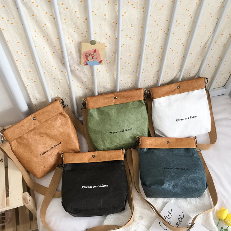 Women Fashion Handbags Vintage Shoulder Bag Tear-resistant Kraft Paper Messenger Bag Female Bucket Shoulder Bag