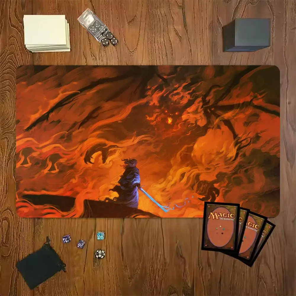 Flame Hell Swordsman Mouse Pad Card Playmat Stitched with Magic Zones Tabletop for MTG/TCG Card Battle Commander Gaming Mat