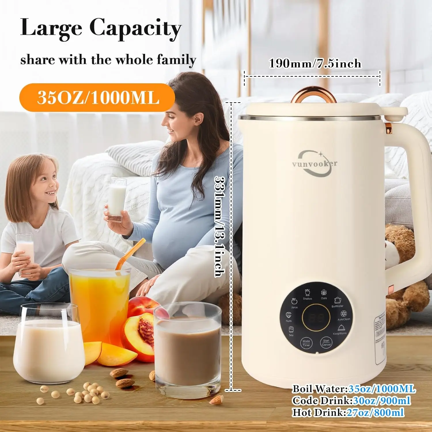 صانع حليب الجوز، 35 أونصة (1000 مل) آلة صنع حليب الصويا، صانع الحليب المنزلي الأوتوماتيكي متعدد الوظائف (اللوز، الشوفان، الفاكهة، C