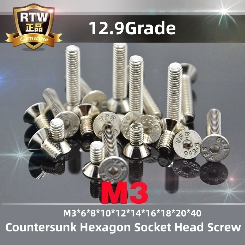 100PCS YFS M3 Countersunk Hexagon Socket Head Screw M3*5*6*8*10*12*14*16*18*20mm Grade12.9 White Nickel Plating Screws