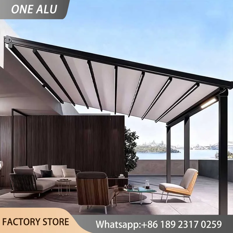 Motorized Retractable Pergola PVC Canopy Foldable Electric Awning Roof LED Waterproof UV Block Sunshade for Outdoor Patio