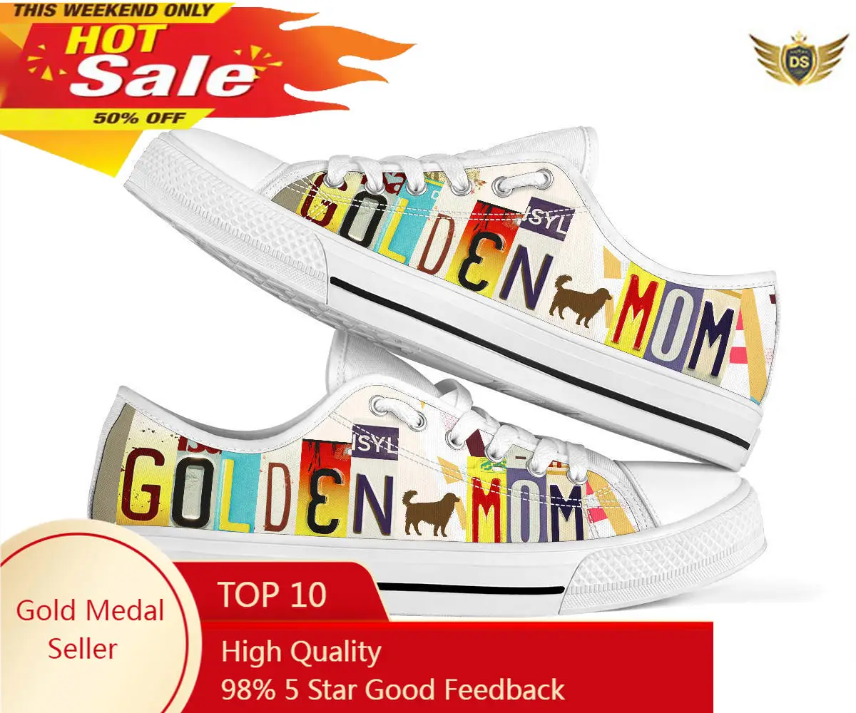 

Golden Mom License Plate Printing Fashion Women Shoes Laces Low-top Canvas Sneakers White Light Flats