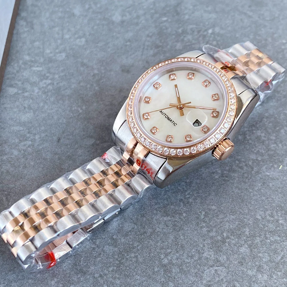 BLIGER Rose Gold 31mm Shell Dial Lady Watches NH05 Automatic Movt Watch Women Diamond Bezel Ring Sapphire Glass Luxury Clock