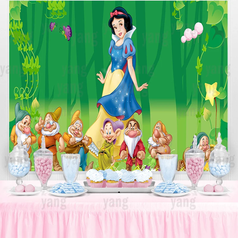 Disney Princess Wedding Castle Blue Sky Grassland Snow White 7 Dwarfs Backdrop Girls Birthday Party Baby Shower Banner