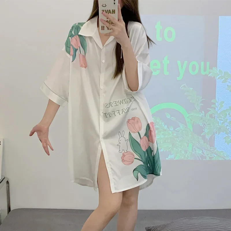 Camisón de seda satinada con manga corta y volantes para mujer, pijama Sexy con estampado de cerezas y oso pequeño, estilo princesa, cárdigan de verano