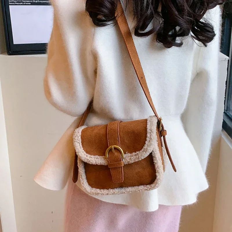 Fashion Lamb Wool Patchwork Square Bag for Women Autumn Winter Popular Furry Handbag Cute Female Crossbody Bag Bolsos De Mujer