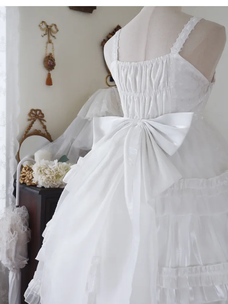 Viktorianisches Lolita-Hosenträgerkleid, Damen-Gothic-Kleid mit Puffärmeln, kurzen Ärmeln, laminierten Rüschen, Mini-Kleid mit Schleife und Rüschen, Prinzessinnenkleid – Detail 7