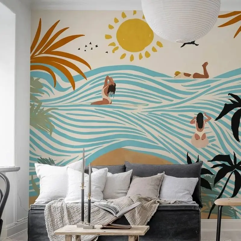 

Настроить настенную роспись. Летние обои для серфинга для девочек для домашнего декора, обычный рулон без наклеивания настенной бумаги, солнце и морской серфинг, БЕСПЛАТНО ПВХ