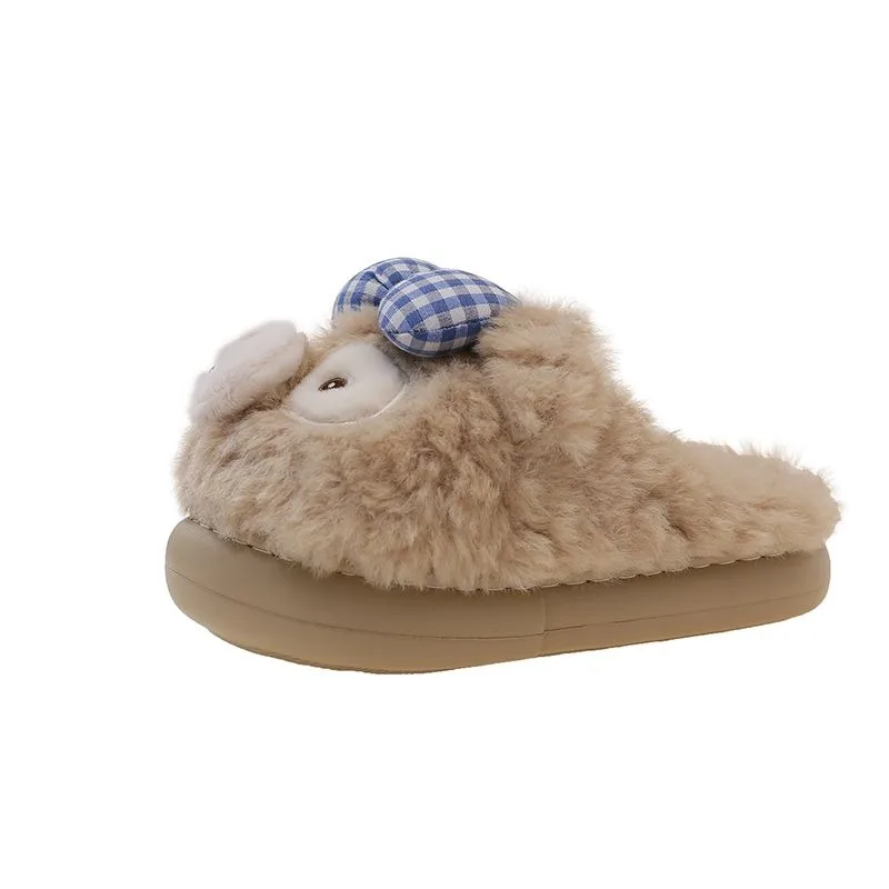 

Adorable Fluffy Sheep Plush Slippers with Checkered Bow - Cozy Winter Indoor Shoes for Women, Perfect Gift for Her