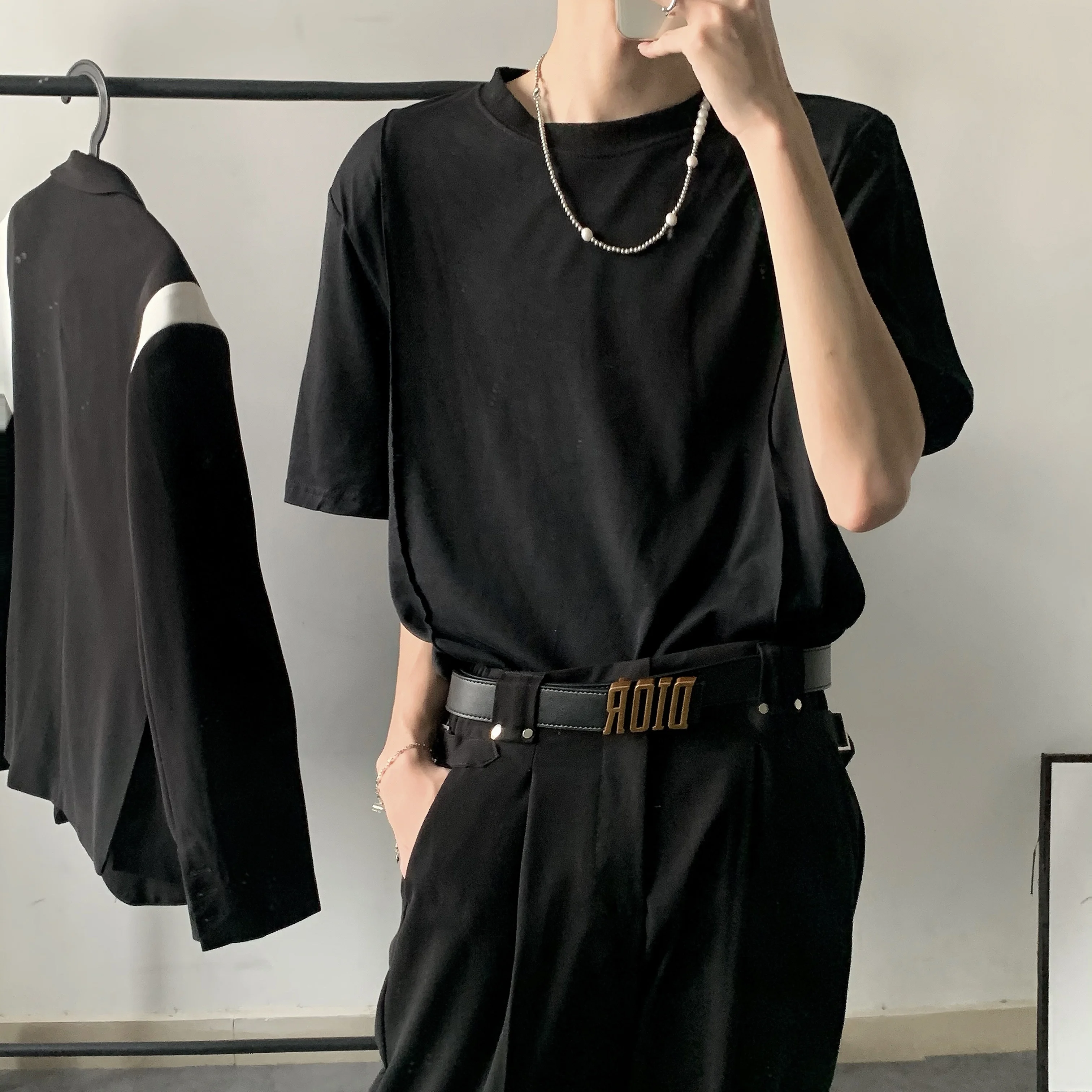 Loose Shoulder Pad T-Shirt Men Summer Lightweight Pure Color Short Sleeve Korean Style round Neck Casual Fashion Top