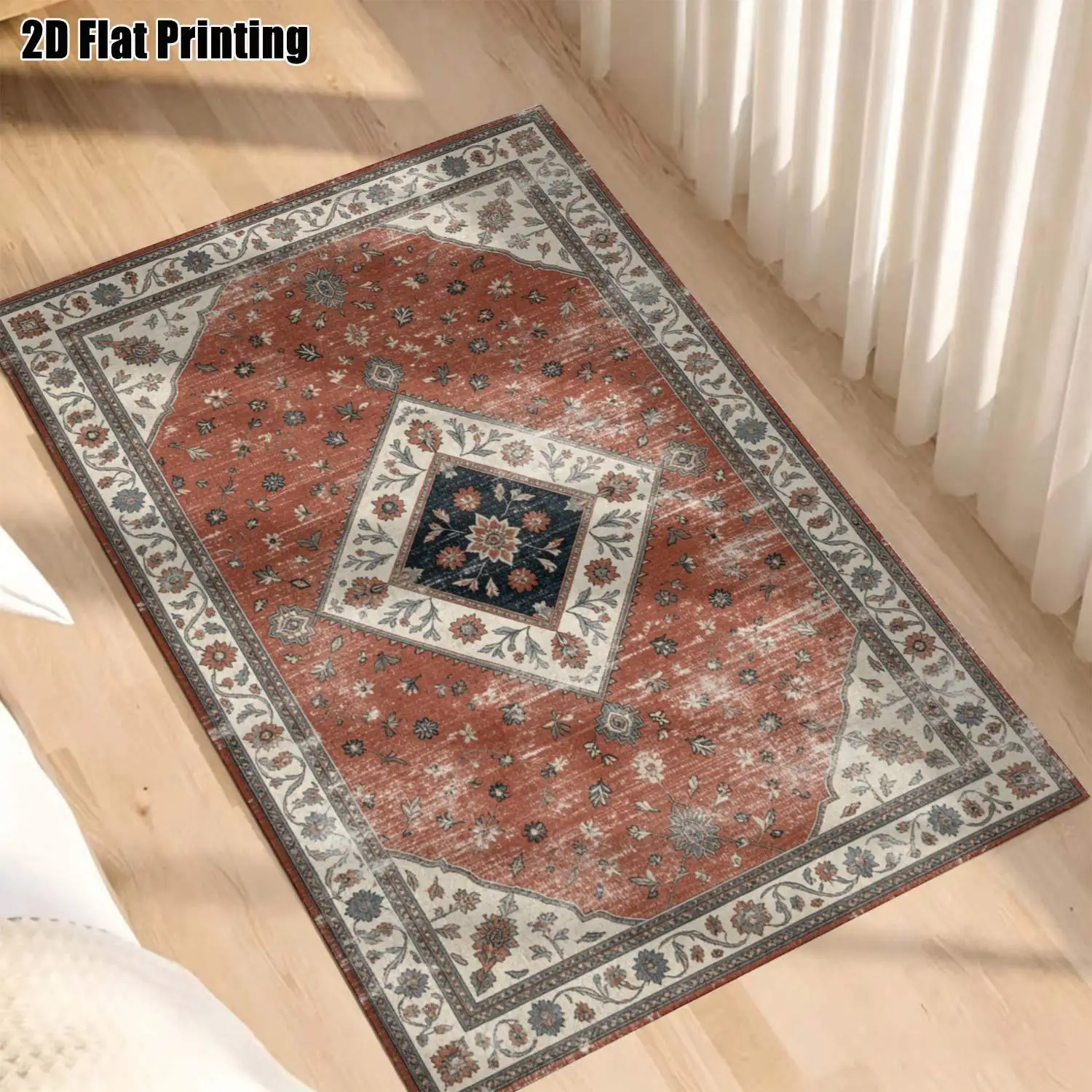 1Pc 2D Printed Carpet: Pink & Yellow Retro Floral, European/Bohemian Designs, Home Decor, Multi-Size, Machine Washable, Multi-Scene Use