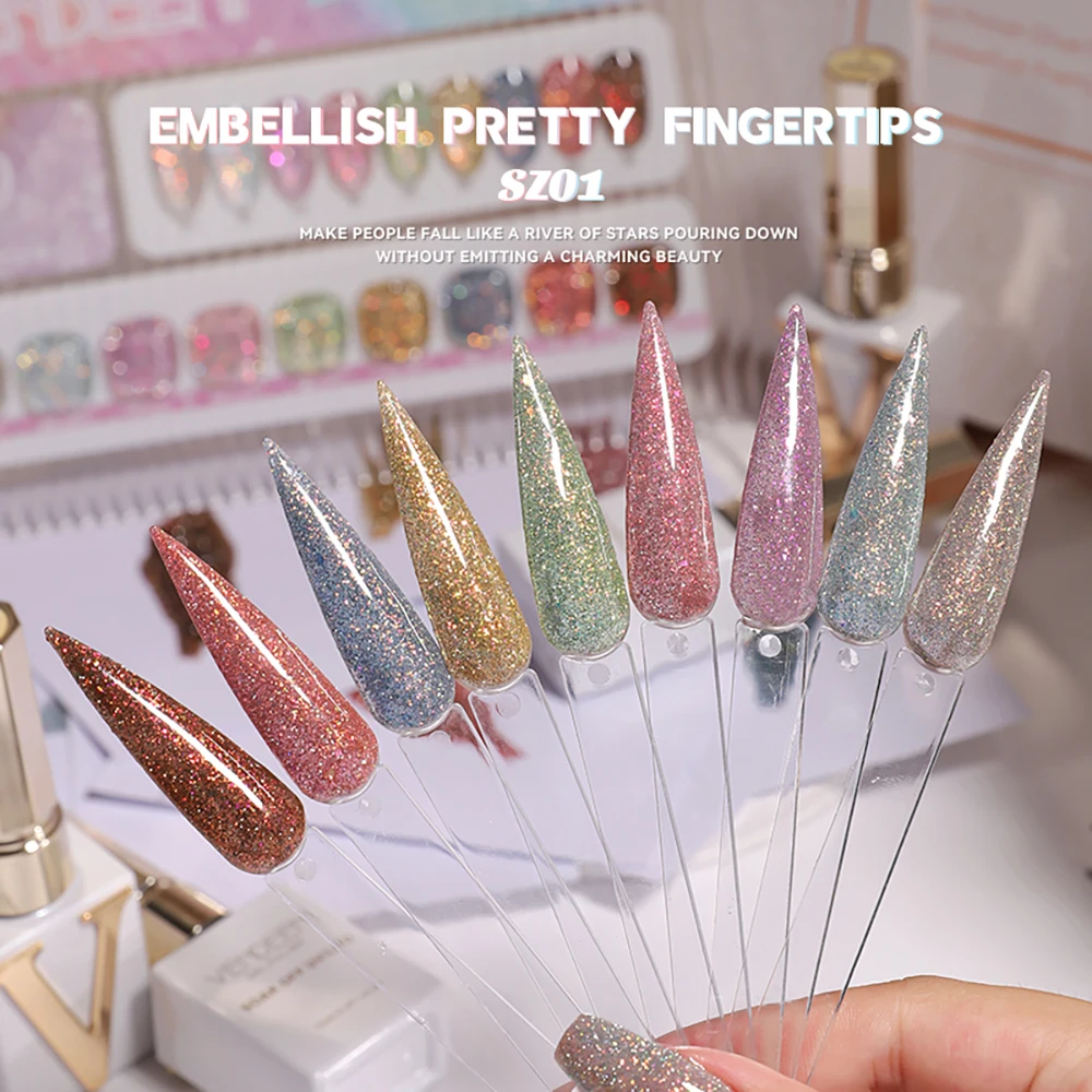 Vendeeni 9 Colors/Set Rainbow Glitter Broken Diamond Gel Nail Polish Semi Permanent UV LED Soak Off Gel Varnish With Display