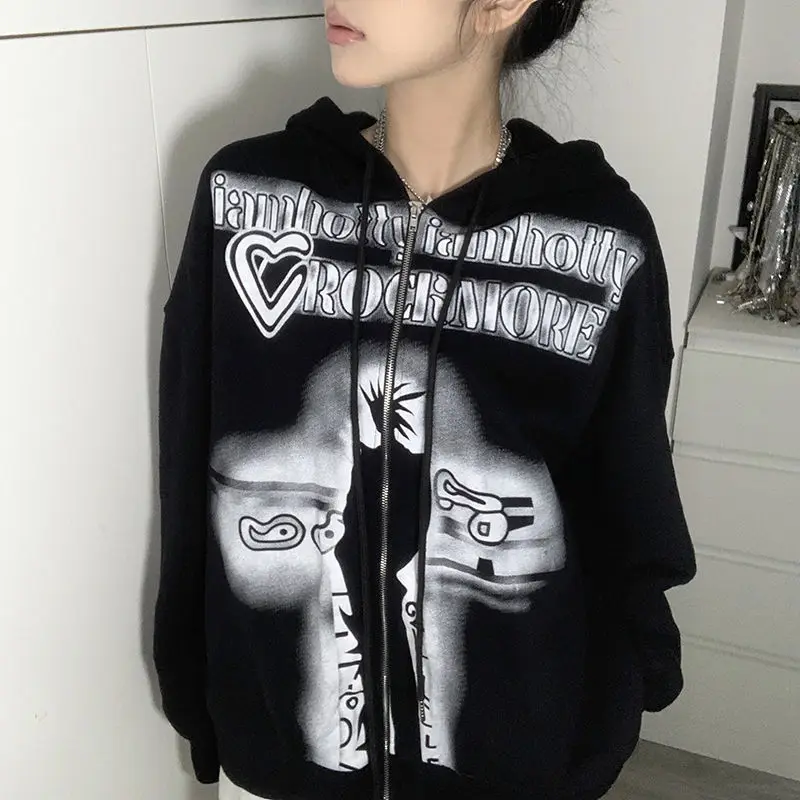 Jaket Hoodie Wanita Korea, Hoodie ritsleting cetakan Harajuku kasual kebesaran longgar Y2K musim gugur