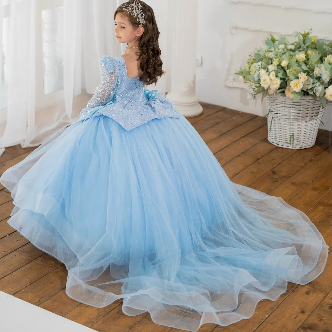 فستان أنيق لفتاة الزهور لحفلات الزفاف بأكمام كاملة من التول والترتر مع فساتين حفلات أعياد الميلاد للأطفال فساتين سهرة مخصصة