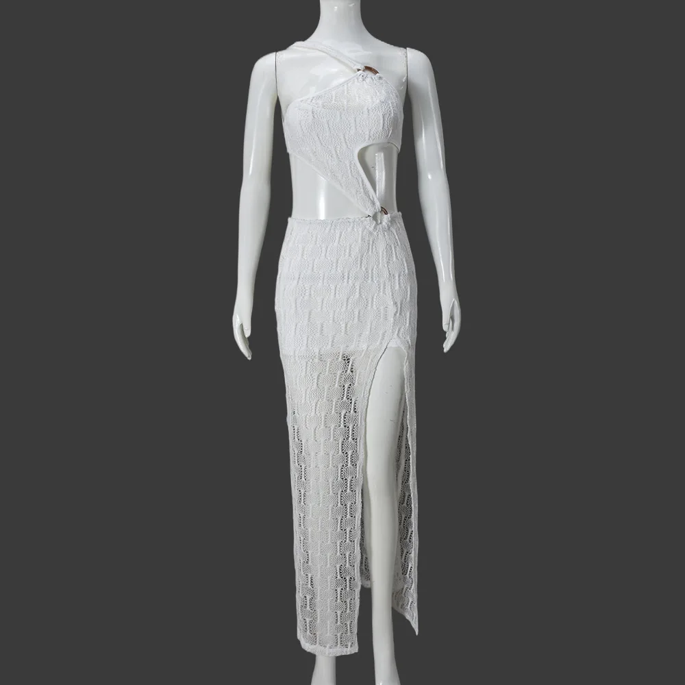 Vestidos femininos 2025 verão moda nova irregular sexy elegante oco para fora sem costas perspectiva dupla camada férias vestido longo