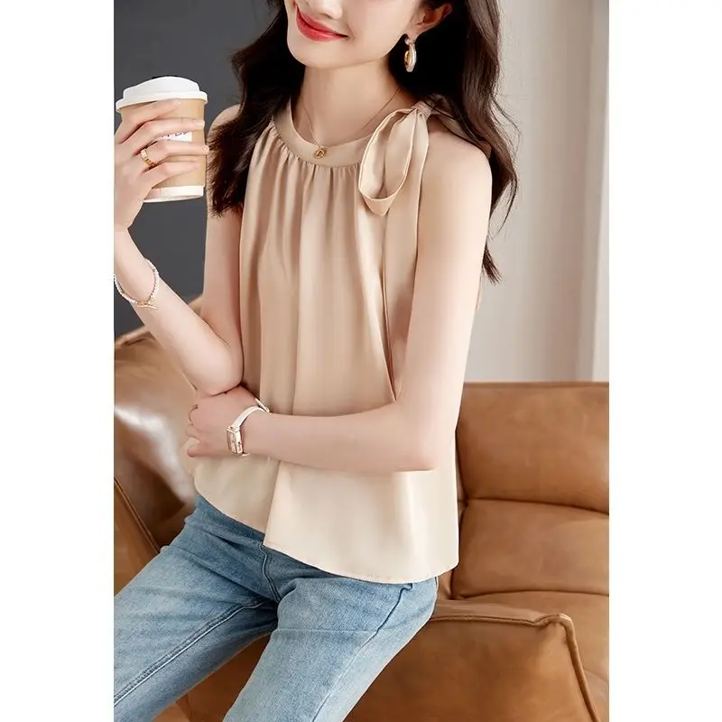 Fashion Chiffon Shirt Tops Summer New Sleeveless Solid Color Bandage Solid Loose Sweet Blouse Elegant Temperament Women Clothing