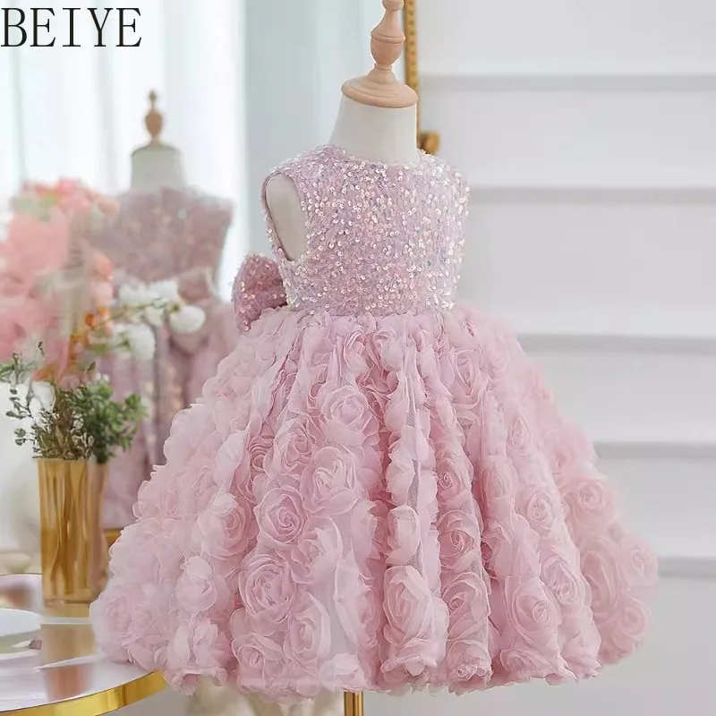 

Little Girl Rose Princess Wedding Dress Light Luxury Birthday Sequin Dress Summer Children's Pink Fluffy New Year's Dress