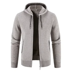 Cárdigan de punto con capucha para hombre, chaqueta informal de Color sólido, cárdigan grueso y cálido de lana, ropa de otoño e invierno