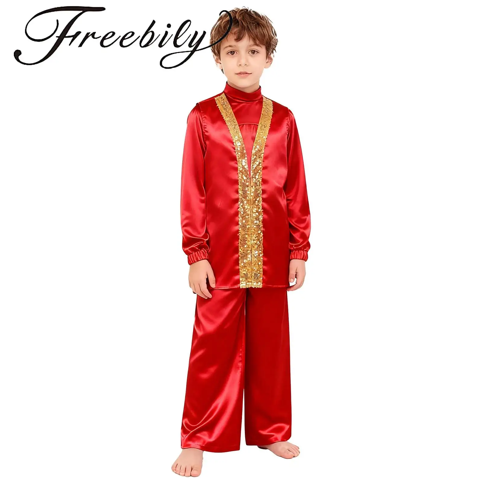 

Kids Boys Satin Praise Dance Outfit Mock Neck Zipper Satin Top with Elastic Waistband Wide-Leg Pants And Sides Split Robe