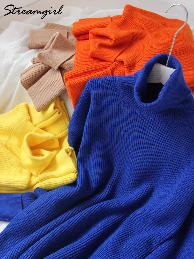 Women Winter Turtleneck Sweater Oversized Loose Pullover Womens Blue Sweaters 2022 Orange Sweater Women Turtleneck Oversize Top