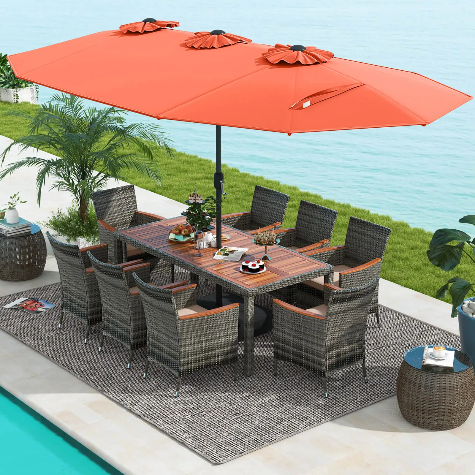 

10 Pieces Patio Wicker Dining Set with Double-Sided Patio Umbrella 8 Armchairs Orange