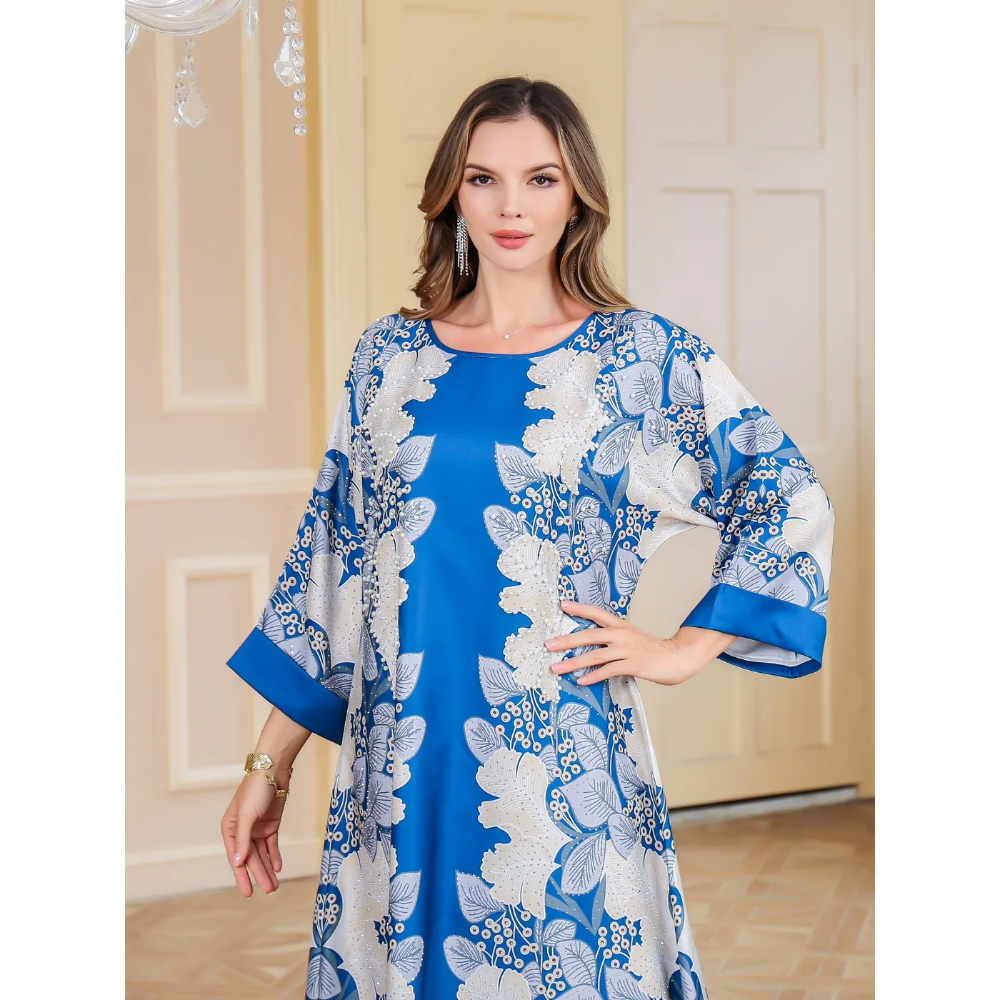 2025 moda muçulmana pérolas lantejoulas para mulheres abaya marroquino floral impressão vestidos festa maxi vestido eid árabe luz luxo kaftan