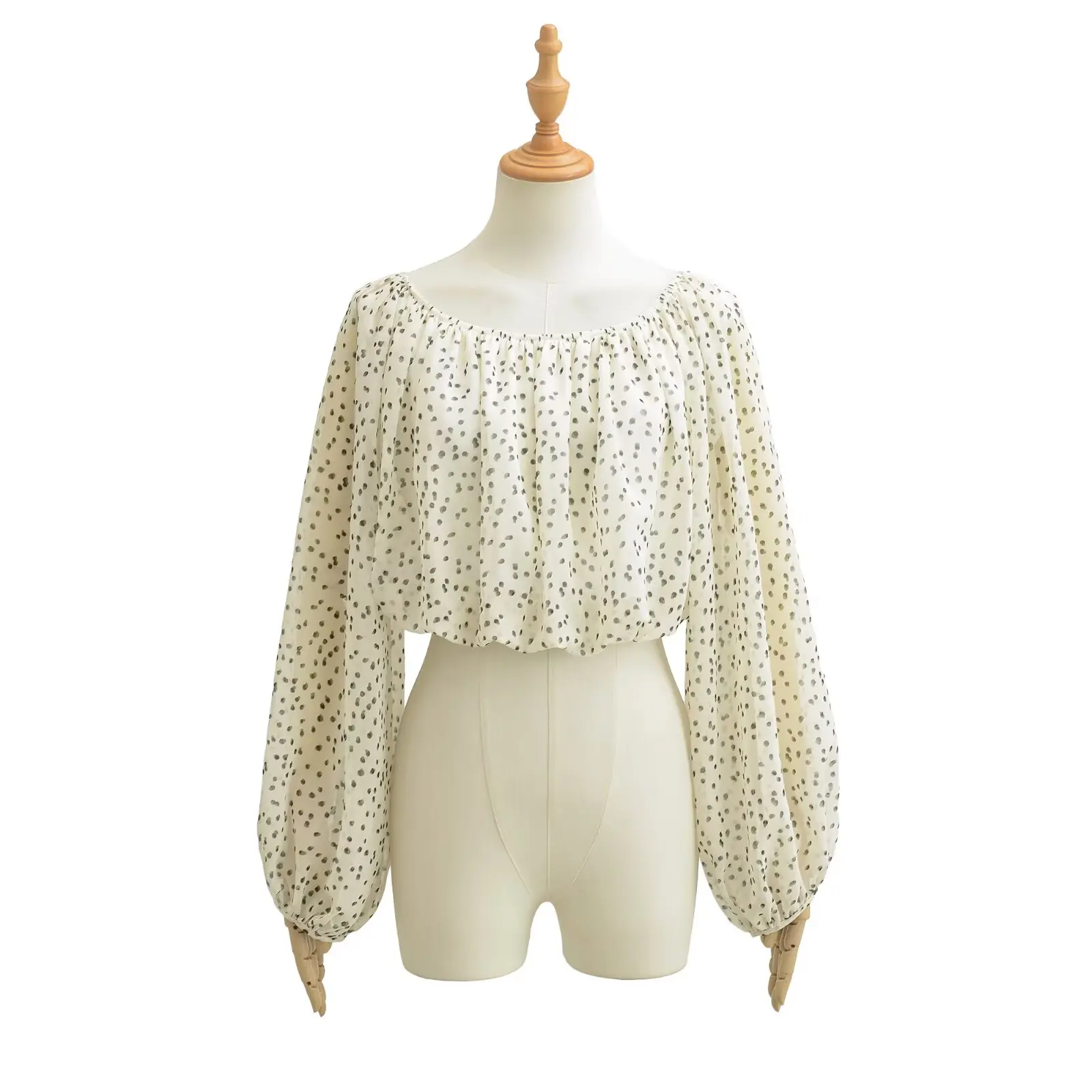 Autumn Women Beige Polka Dot Print Elastic Slash Shoulder Lantern Sleeve Shirt BUD Style Pullover Short Blouses Streetwear Tops