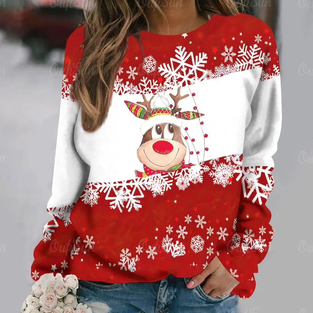 Christmas Women\'s Sweatshirt Designer Round Neck Long Sleeve Loose Casual Fall Red Plaid Fake Zipper Elk Fun Graphic Print Tops