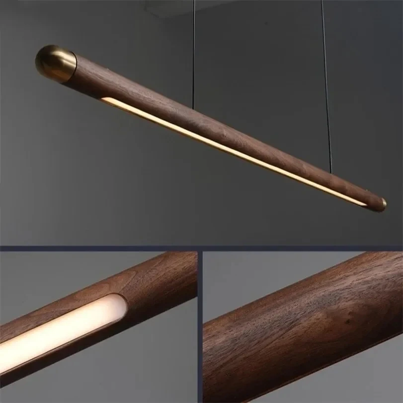 Black Walnut Pendant Lights Dining Table Simple Strip Wood Hanging Lamps Kitchen Fixture Home Decor Chandelier Indoor Lighting