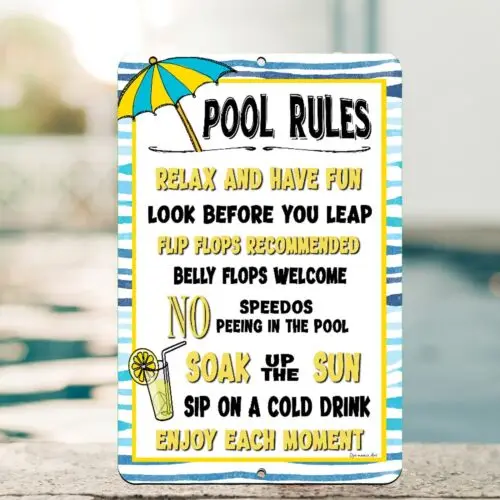 Pool Rules Metal Sign Indoor/Outdoor Rustproof Poolside Decor by Dyenamic Art