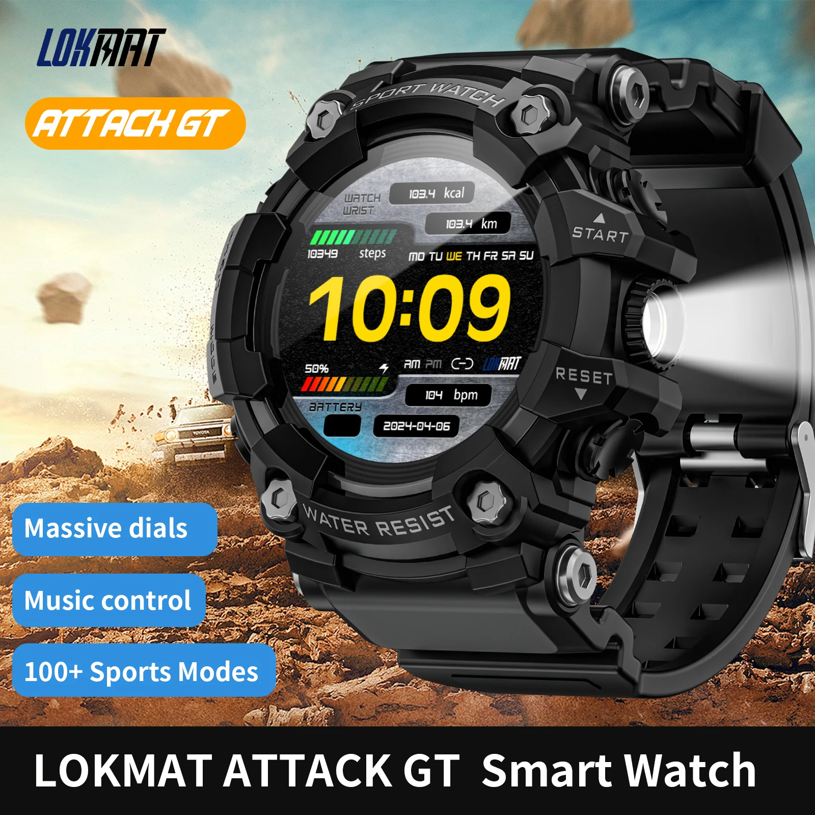 

LOKMAT ATTACK-GT Outdoor Sport Smart Watch Wireless Calls Message Push Rugged Smartwatches Flashlight Fitness Tracker for Phone