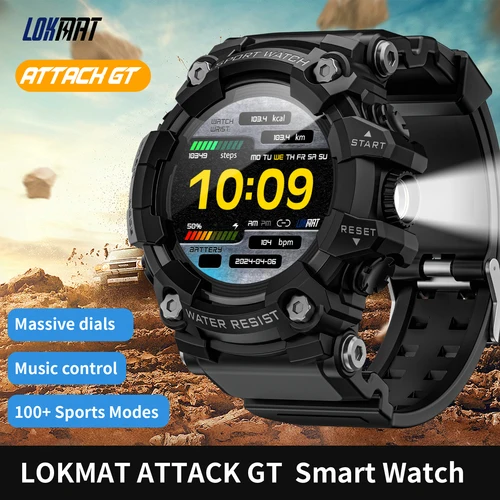 LOKMAT ATTACK-GT reloj inteligente deportivo al aire libre llamadas inalámbricas mensaje Push relojes inteligentes resistentes linterna rastreador de Fitness para teléfono