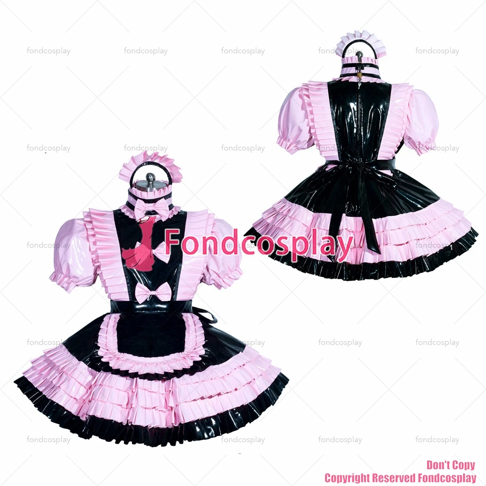 fondcosplay adult sexy cross dressing sissy maid short pink black French heavy PVC lockable dress Uniform CD/TV[G3943]