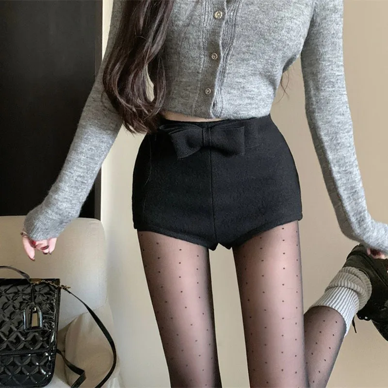 Bow tie woolen shorts for women 2024 autumn winter new high waist with boots hot pants slim pants