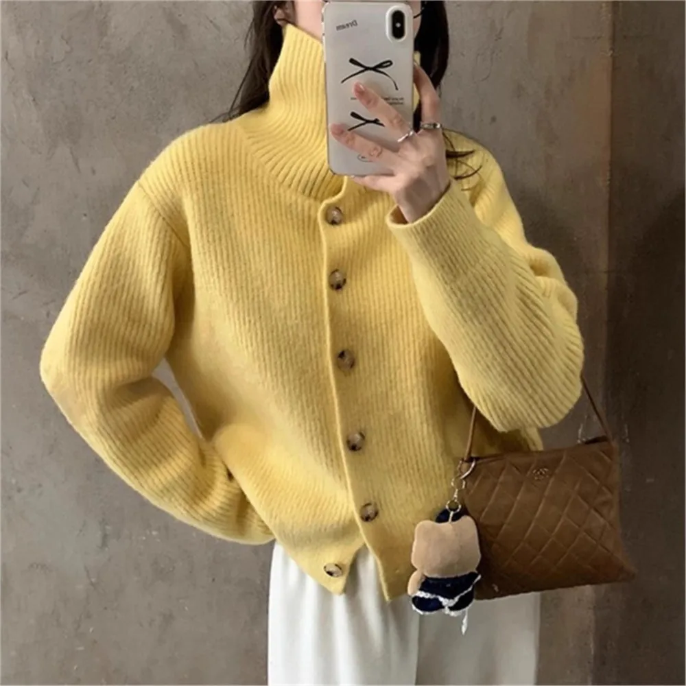 

High Collar Knitted Cardigan Women's Sweater Jacket Autumn Winter New Korean Style Lazy Fashion Top Ropa Mujer Кардиган Женский