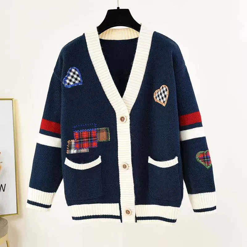 V-neck Love Patch Color-block Knit Cardigan For Men And Women Spring And Autumn 2023 Loose Slim Versatile Casual Sweater Jacket