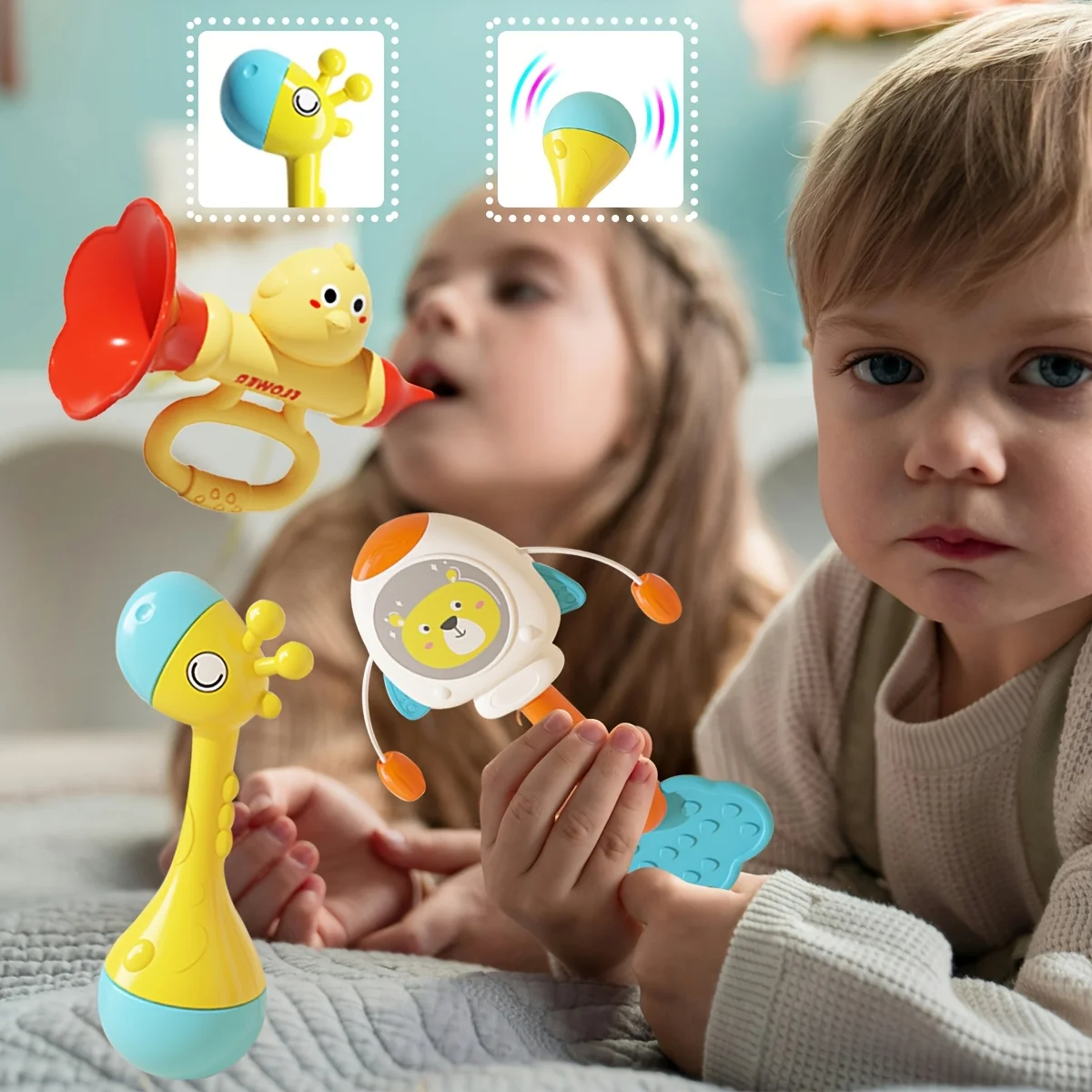 Vijf-in-één muziekspeelgoedset met luidsprekers, bellen en handtrommels, cultiveer interesse van kinderen en cognitie van muziek, kerstcadeaus