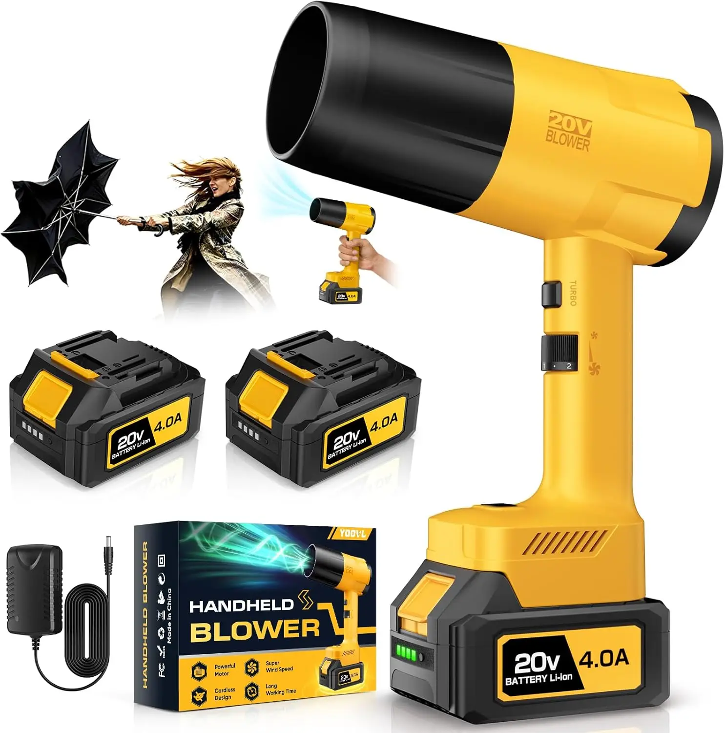 

Беспроводная ручная воздуходувка для листьев с 2 аккумуляторами, 6 скоростей, для уборки газонов, дворов и снега - легкая, желтая