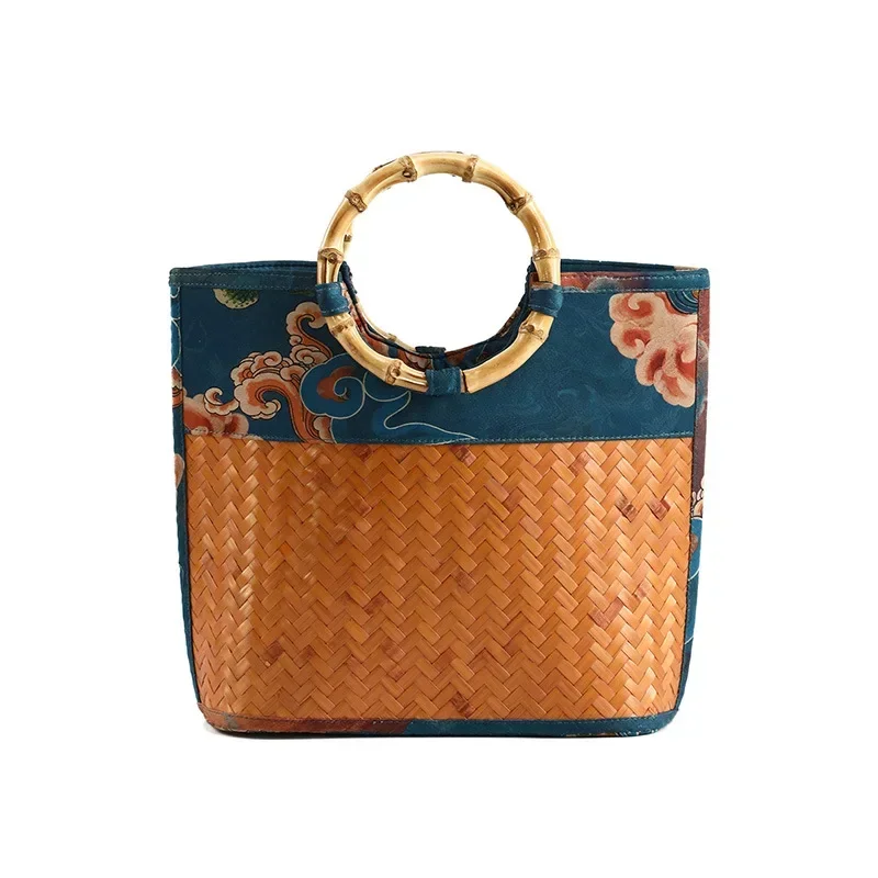 Retro Literary Handbag for Ladies, Bamboo Printed Fabric, Picnic Basket Retro Exquisite Cheongsam Tea Accessories Bag