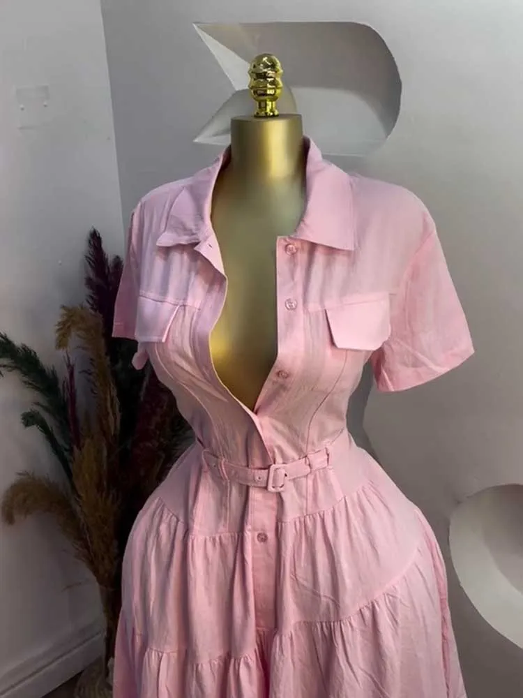 Kleid Hemd Knöpfe Frauen Einfarbig Casual Kurzarm Hohe Taille Langes Kleid EINE Linie Elegante Modest Französisch Kleid Gürtel