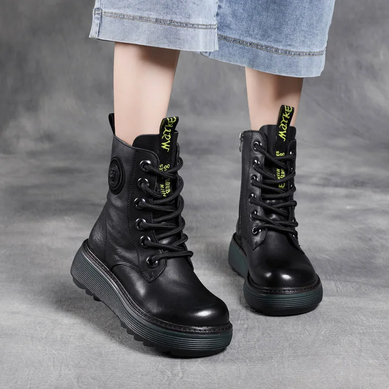 Clear the first layer of leather thick-soled wedge heel Martin boots fashion letter zipper leather middle boots single boots